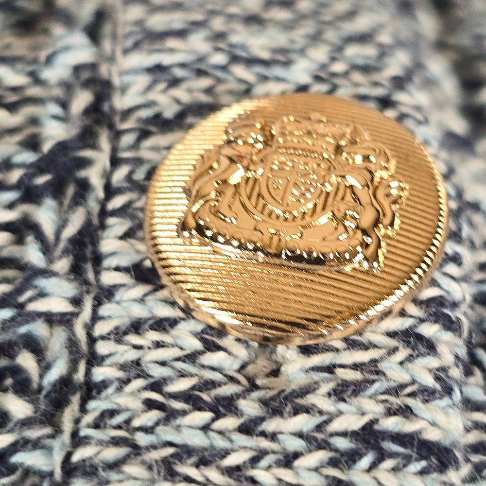 ON‎ 34TH Womens Blue White Marled Cotton Knit Cardigan Gold Crest Buttons Large - Picture 9 of 10